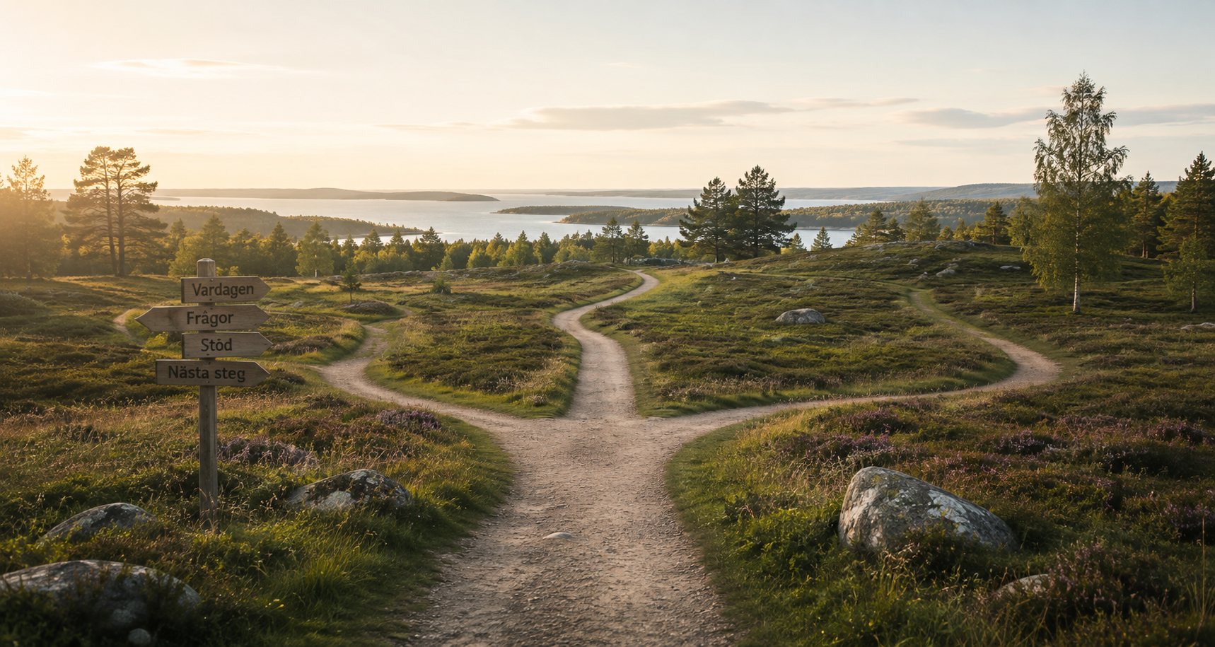Ett vägskäl med en trävägvisare och stigar som leder vidare in mot mitten av motivet