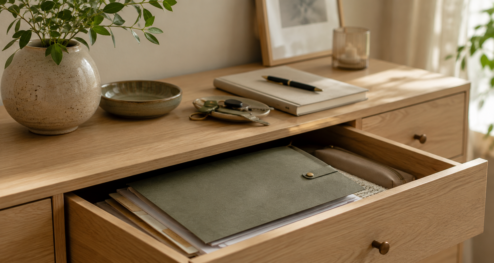 En öppen byrå i ett ljust nordiskt hem, där en grön mapp ligger synlig i lådan bland papper, med nycklar och en anteckningsbok på byråns yta