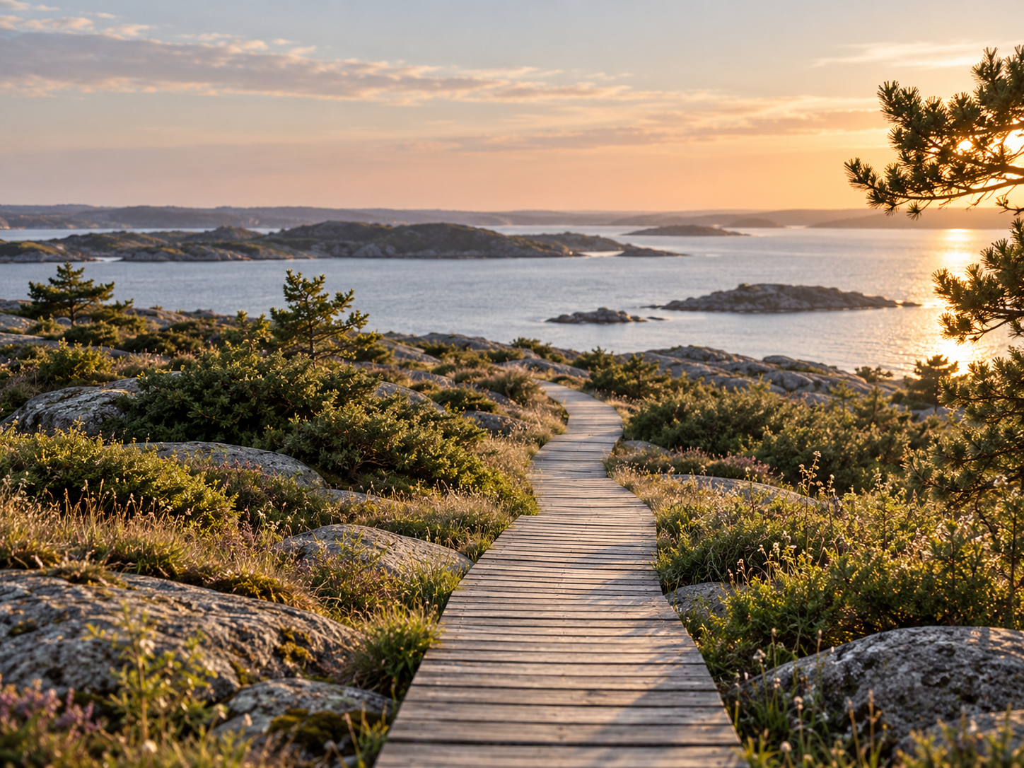 Träspång genom kustlandskap mot havet