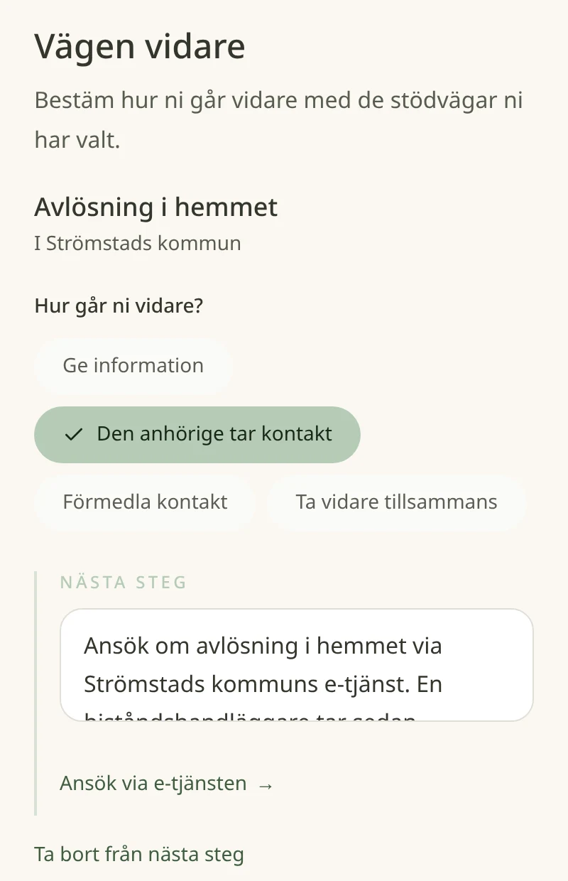 Skärmbild från Stödhjälpen i ett påhittat exempel: Efter samtalet med det viktigaste just nu, vald stödväg och nästa steg