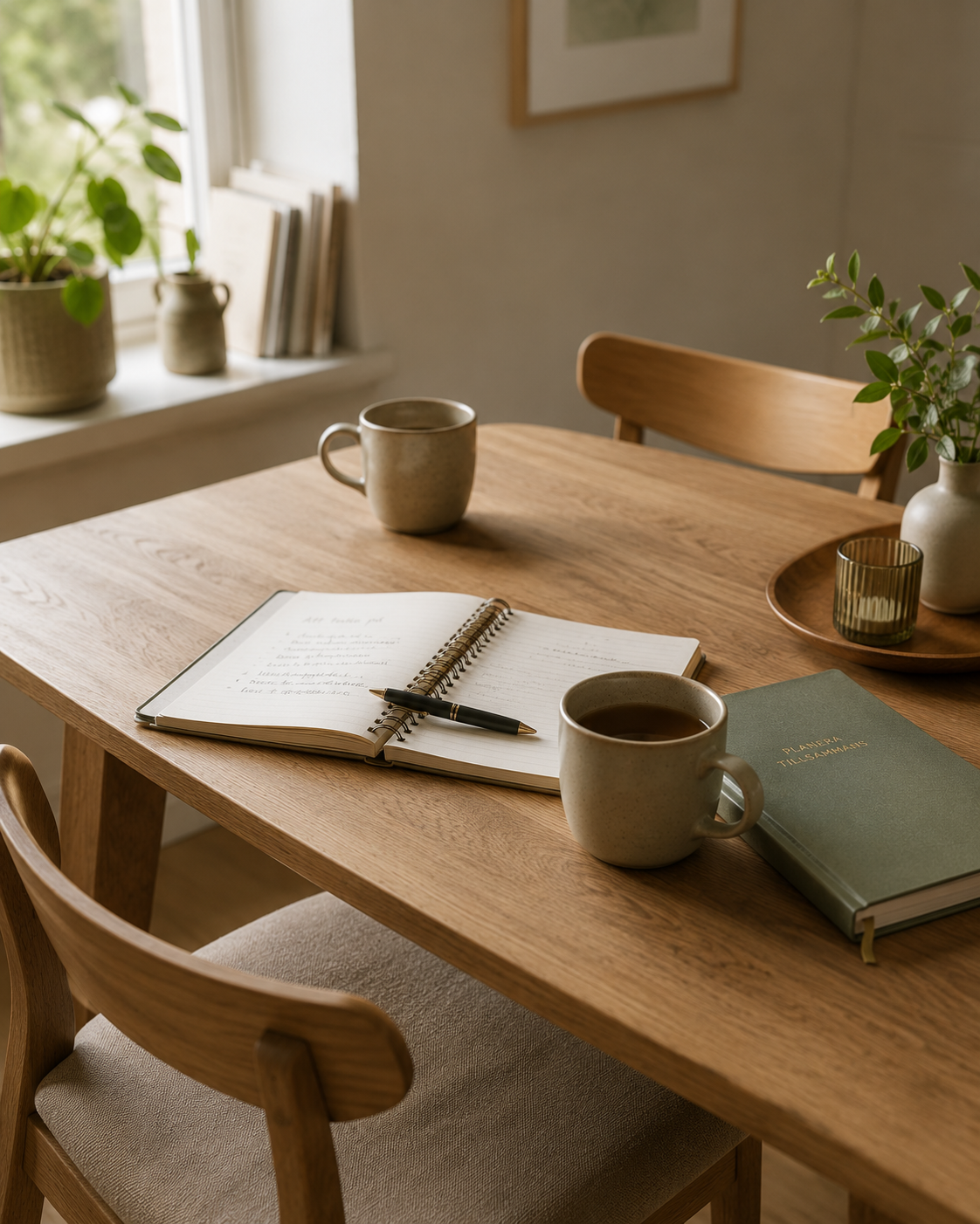 Träbord med två kaffekoppar, öppen anteckningsbok, grön planeringsbok och två stolar