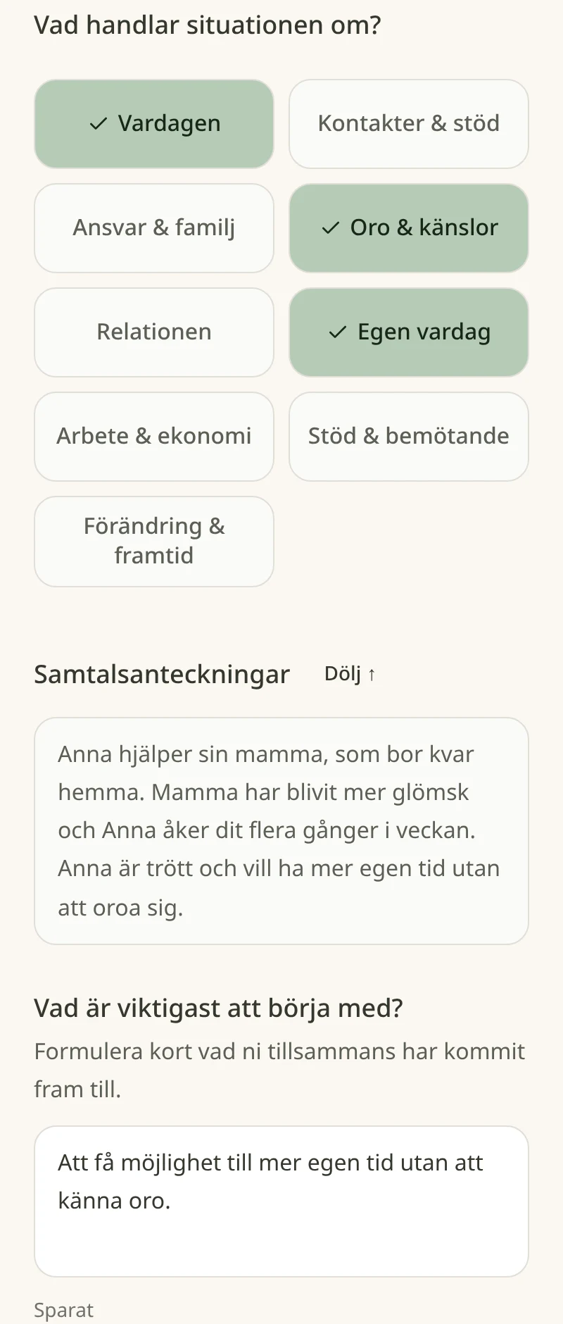 Skärmbild från Stödhjälpen i ett påhittat exempel: steget Sortera med markerade områden, samtalsanteckningar om Anna och vad som är viktigast att börja med