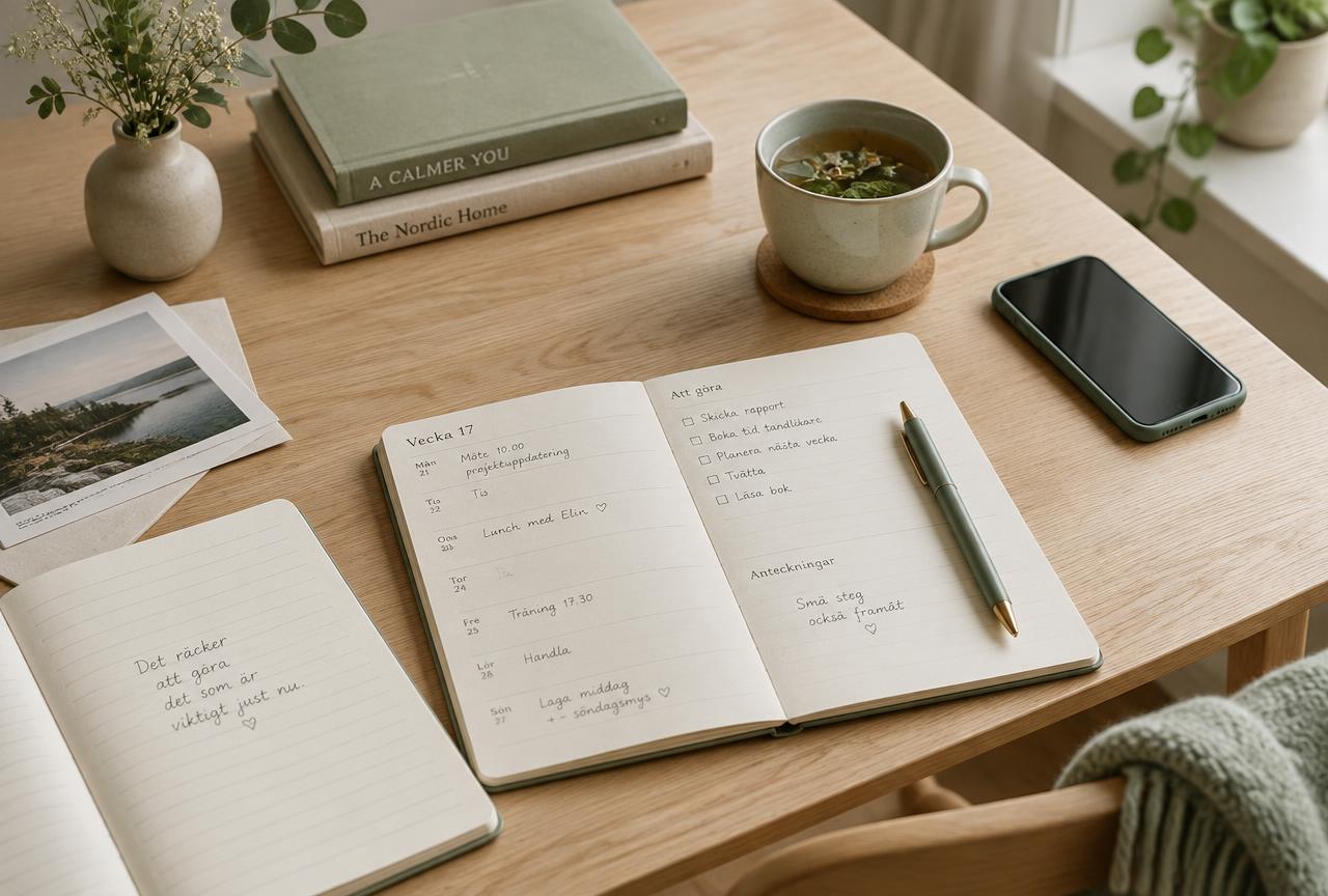 Ett ljust bord med anteckningsbok, kalender, telefon och en kopp te i mjukt dagsljus