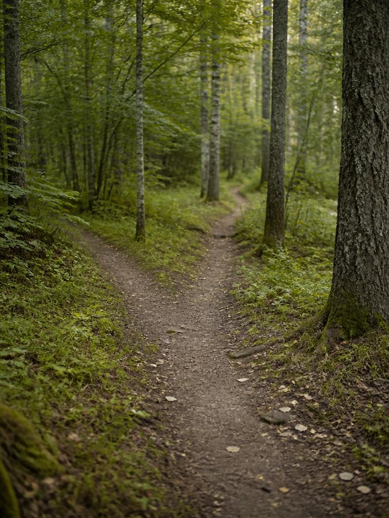 Två små skogsstigar som går samman i mjuk grönska